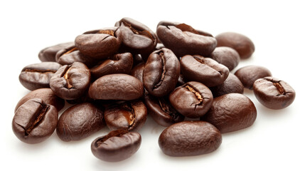 A detailed and hyper-realistic close-up shot of coffee beans, showcasing their texture and color. Isolated on white background.