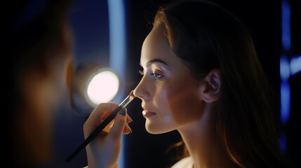 Fototapeta premium A make-up artist creating a flawless contour on a client's cheekbones.
