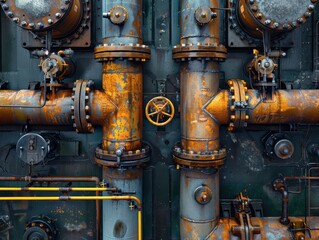 Industrial Elegance: Aerial View of Steel Pipelines and Valves in Play of Light and Shadow