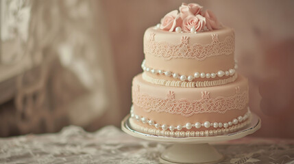 Fototapeta premium An elegant cake with lace patterns and pearl details, on a vintage lace tablecloth, left third copy space