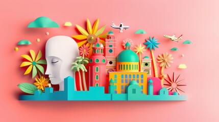 An illustration depicting cultural exchange through the exchange of knowledge and ideas between diverse global communities, symbolized by diverse individuals sharing insights and learning from each