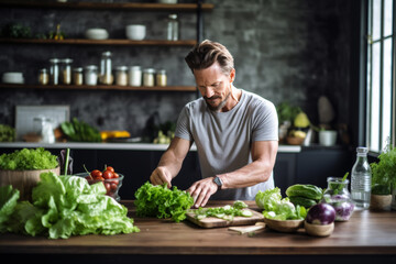 Fototapeta premium mature man preparing salad at home, healthy food, Generative AI