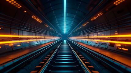Futuristic Train Tunnel with Neon Lights.