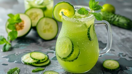cucumber melon agua fresca, with blended cucumber, honeydew melon, lime juice, and water, garnished with cucumber slices and mint leaves, in a glass pitcher