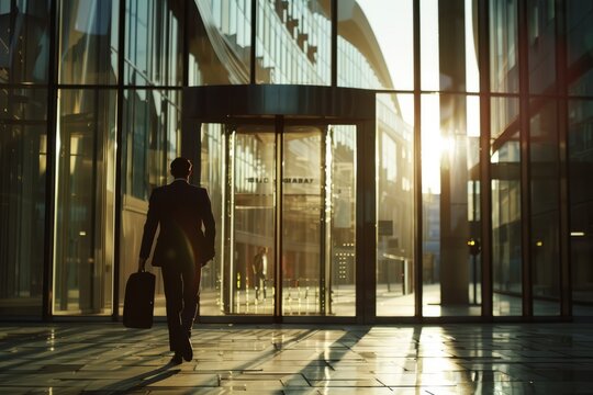 Office employee leaving business center at end of working day