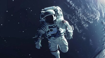 Digital artwork featuring an astronaut floating in space, marveling at Earth's splendor in the vast expanse of the universe