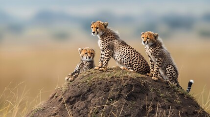Mother cheetah with two 2 month old cubs on a termite mound in the Masai Mara