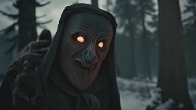 In the mystical style of Slavic or Nordic folklore, a witch-doctor dons a wooden mask,eyes aglow with arcane power,evoking ancient rituals, shamanic wisdom, and the eerie allure of mythical traditions