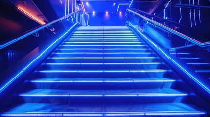 Fototapeta premium Stairs highlighted by blue neon and spotlights, with rays of light adding an abstract, modern touch to the scene