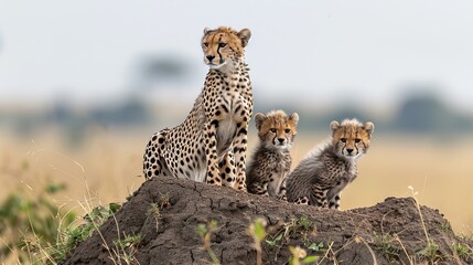 Mother cheetah with two 2 month old cubs on a termite mound in the Masai Mara