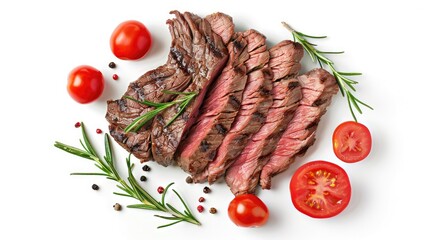 Top view of grilled sliced beef steak with fresh tomatoes and rosemary, isolated on white background, perfect for culinary displays