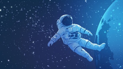 Digital artwork featuring an astronaut floating in space, marveling at Earth's splendor in the vast expanse of the universe