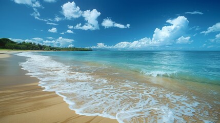Secluded Beach Serenity: Cerulean Skies and Gentle Waves Embracing Powdery Sands