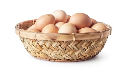 Woven bamboo basket with fresh chicken eggs, isolated on a white background, close-up with full focus and clipping path