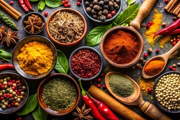 Fototapeta premium Indian spices and herbs in an enormous set, isolated on a black backdrop. Vibrant seasoning to add spice to food