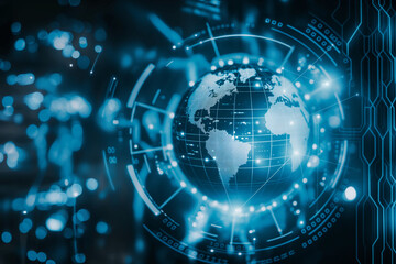 A white earth globe icon, placed on a futuristic interface, with glowing blue lines and data streams surrounding it. The image is a photo with a top-down perspective, with the padlock appearing as a c