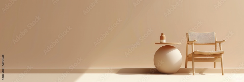 Poster a wooden chair with a light-colored cushion sits next to a small round table on a large sphere. gene