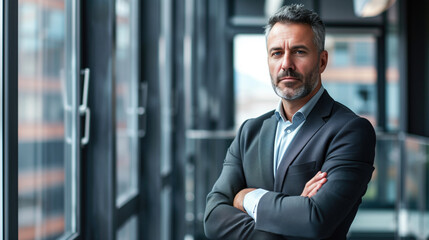Fototapeta premium Happy business man executive standing in office. Smiling mature confident professional manager, confident, generative ai