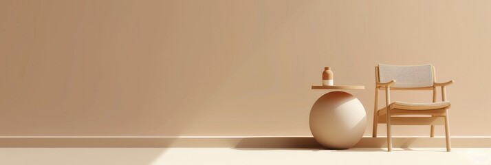 A wooden chair with a light-colored cushion sits next to a small round table on a large sphere. Generative AI