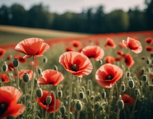 Obraz premium Poppy fields blooming. A poppy is a flowering plant in the subfamily Papaveroideae of the family Papaveraceae. Papaver is a genus of frost-tolerant annuals, biennials, and perennials. Sunny outdoor