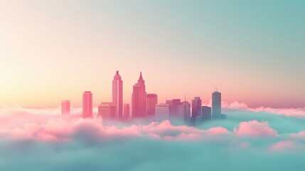 Fototapeta premium An artistic rendering of fog enveloping a city skyline, with muted colors and soft edges enhancing the sense of depth and atmosphere.