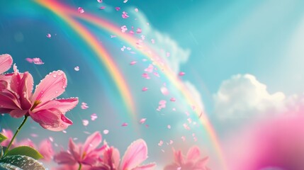 Obraz premium A colorful digital illustration capturing the magic of a double rainbow against a stormy, dramatic sky.