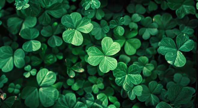 A close up of green clovers with a green background. The clovers are all different sizes and are spread out across the image