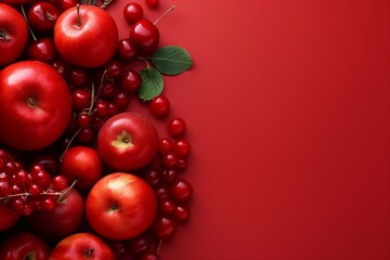An assortment of red fruits and cherries placed on the left side of a vibrant red background, showcasing freshness.