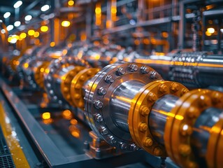 Obraz premium Macro View of Petrochemical Plant Industrial Machinery - Steel Pipes, Valves, and Control Panels with Intense Lighting Highlighting Metallic Textures and Intricate Designs