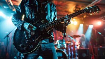 Obraz premium Guitarist playing with passion on a vibrant stage
