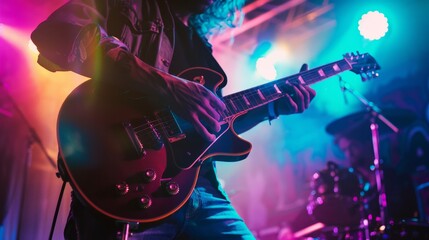 Obraz premium Guitarist playing with passion on a vibrant stage