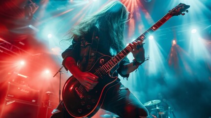Obraz premium Guitarist playing with passion on a vibrant stage