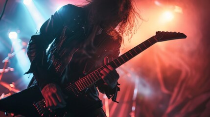 Obraz premium Guitarist playing with passion on a vibrant stage