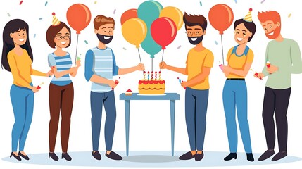 Obraz premium A vibrant illustration of friends celebrating a birthday in a festive setting, complete with balloons and cake. Their happy faces and joyful interactions convey the essence of celebration and 