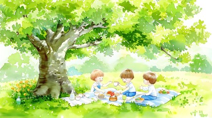 A whimsical illustration of four friends having a picnic under a large tree, with blankets spread out and an assortment of food laid out. Their joyful interactions showcase the warmth of friendship, 