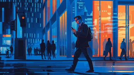 Obraz premium Illustration of Businessman walking in the city, checking his phone