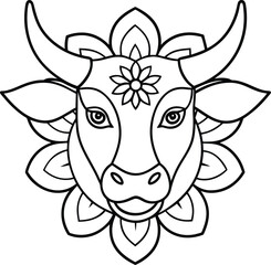 kids friendly bull coloring page simple line art cute cow head with flower mandala design pattern minimal vector line art kdp coloring interior