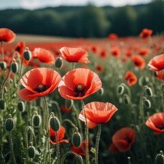 Obraz premium Poppy fields blooming. A poppy is a flowering plant in the subfamily Papaveroideae of the family Papaveraceae. Papaver is a genus of frost-tolerant annuals, biennials, and perennials. Sunny outdoor