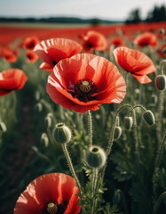 Fototapeta premium Poppy fields blooming. A poppy is a flowering plant in the subfamily Papaveroideae of the family Papaveraceae. Papaver is a genus of frost-tolerant annuals, biennials, and perennials. Sunny outdoor