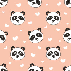 Seamless pattern with cute panda faces and hearts on pastel pink background.
