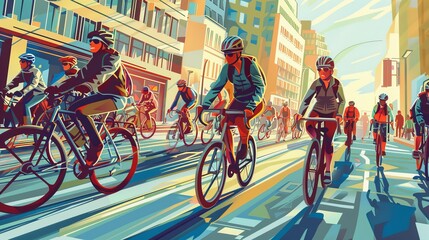 Fototapeta premium Illustration of cyclists riding bicycles along city roads, capturing the diversity and vibrancy of urban transportation and leisure activities