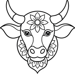 kids friendly bull coloring page simple line art cute cow head with flower mandala design pattern minimal vector line art kdp coloring interior