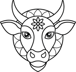 kids friendly bull coloring page simple line art cute cow head with flower mandala design pattern minimal vector line art kdp coloring interior