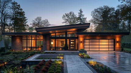 Beautiful, modern home exterior with landscaping and driveway lighting at dusk