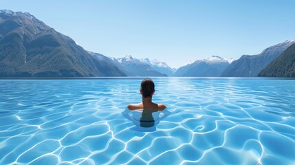 Fototapeta premium A person enjoying a refreshing swim in a crystal-clear lake, with mountains in the background, with copy space, high-resolution photo, realistic photo, hyper realistic