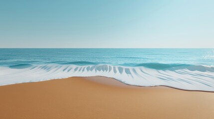 Obraz premium A serene beach with golden sand, gentle waves, and a clear blue sky, with copy space, high-resolution photo, cinematic image, hyper realistic