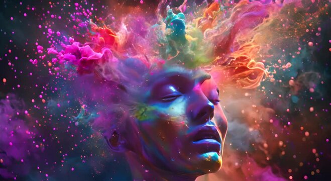 A colorful explosion of paint is splattered on a face. The colors are bright and vibrant, creating a sense of energy and excitement. The image is abstract and surreal