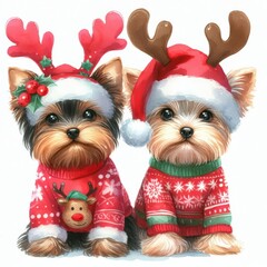 Two adorable Yorkshire Terriers dressed in festive reindeer attire. They are wearing Santa hats, antlers, and Christmas sweaters.