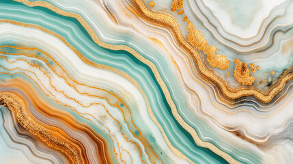 Fototapeta premium Close-up view of a teal, white, and brown agate with gold accents