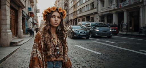 Obraz premium Boho girl walking on the city street, blank advertisement banner background with copy space